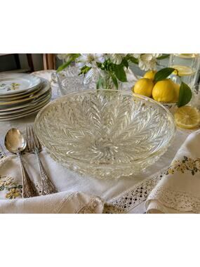 Vintage Pressed Glass Serving Bowl Art Deco Floral Pattern